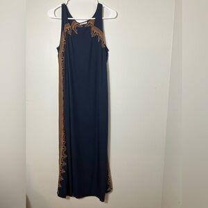 J. Jill long sleeveless navy blue dress gold embroidery size M Boho‎ Beach